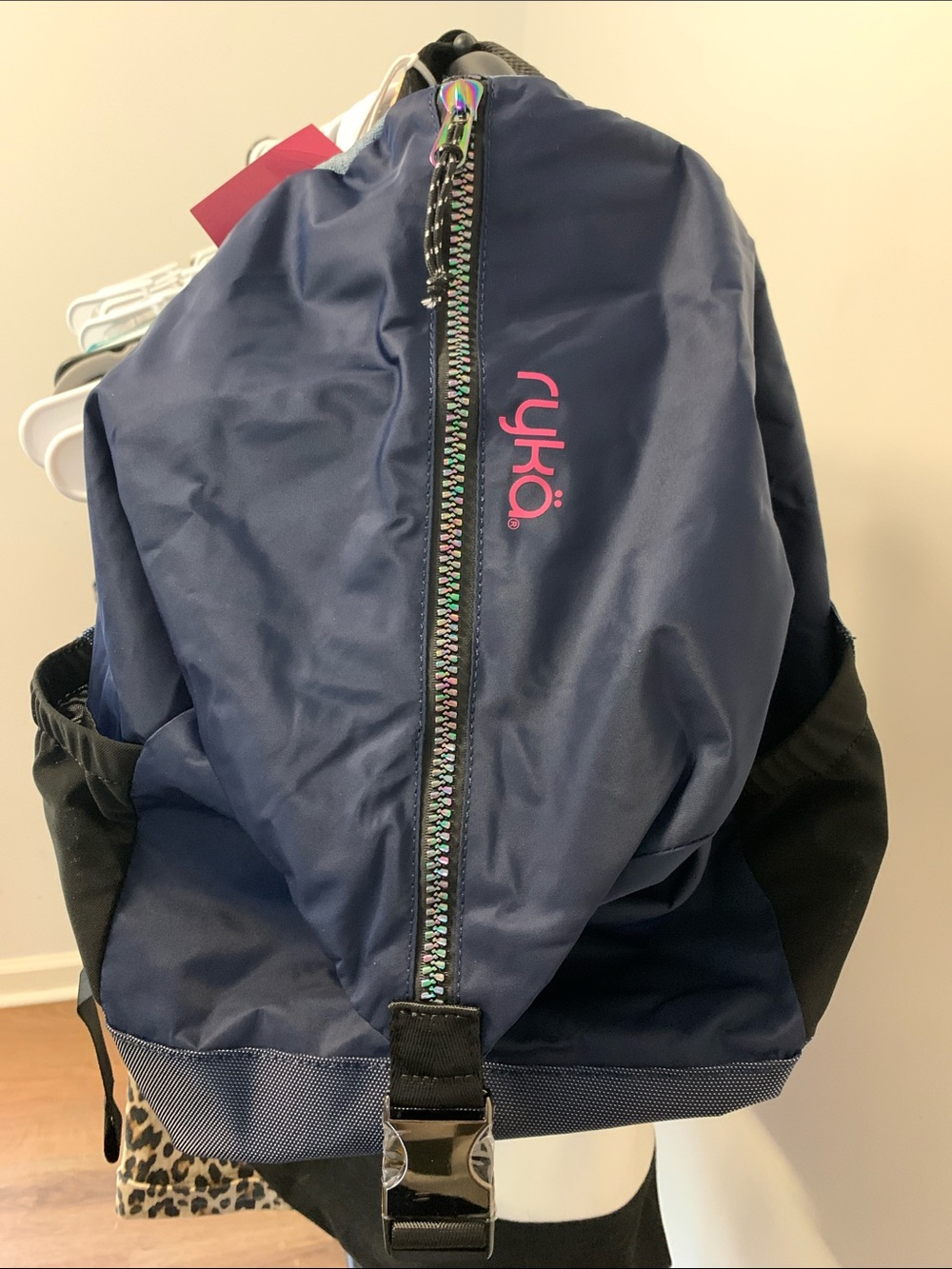 Ryka Navy Backpack with Pink Logo and Iridescent Zipper